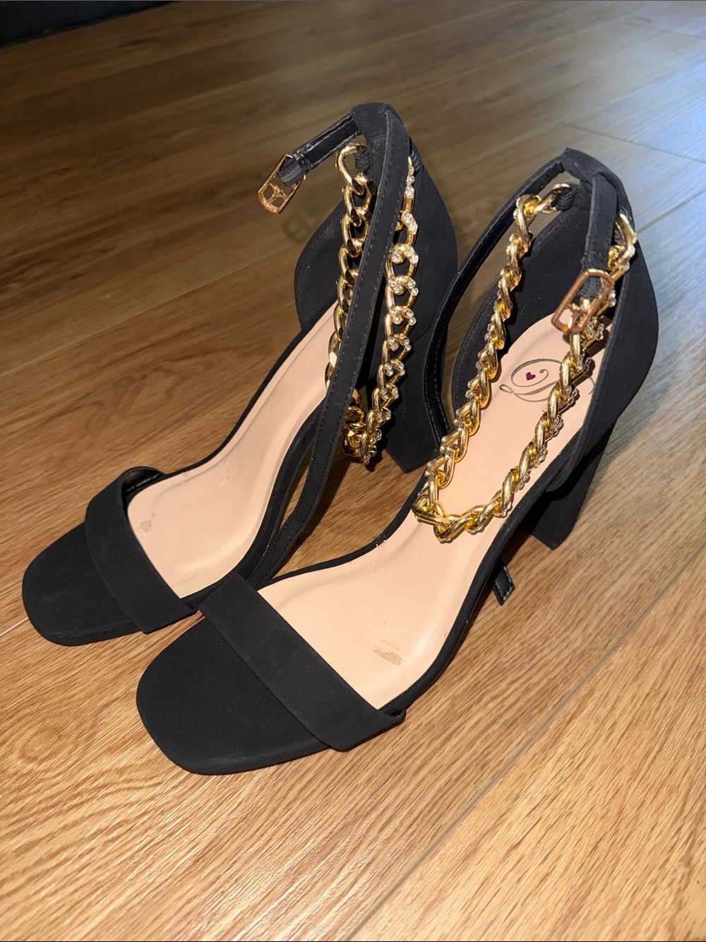 Aldo Black Block Heels with Gold Chain Ankle Detail